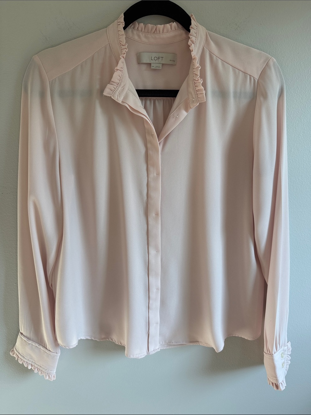 LOFT Pale Pink Sheer Ruffle Collar Button-Down Blouse, size Petite Medium